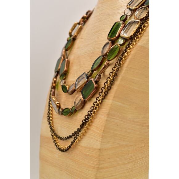 Sparkling Sage Vintage Glass Beaded Necklace Green Gold Multi-Layer Signed Bin7A - Picture 10 of 12